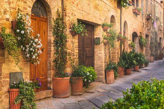 Fototapeta Sunny streets with colorful flowers with contrasting shades. Walk the Tuscan town