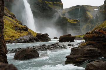 South Iceland huge Haifoss Waterfall. Háifoss is near Hekla in southern Iceland
