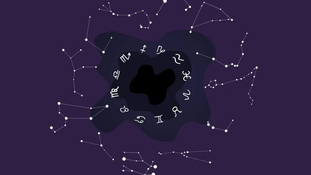Astronomically true constellations of the zodiac circle and their astrological symbols. Dark blue sky in cute cartoon style