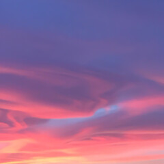 Pink lenticularis clouds formations at sunset 