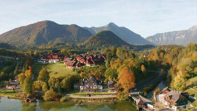 4K aerial - a bird's eye view&nbsp;video (Ultra High Definition) of Grundlsee village and lake. Magnificent autumn view of Eastern Alps, Liezen District of Styria, Austria. Traveling concept background.