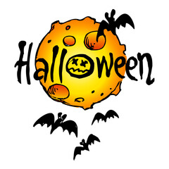Halloween full moon with flying bats and scary evil emoticon, Halloween text, color cartoon