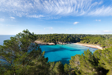 Fototapeta na wymiar trebaluger beach, abandoned paradise beache in Menorca, a Spanish Mediterranean island, after the covid 19 coronavirus crisis