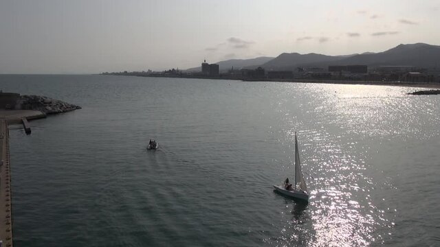 Aerial Port de Mataro drone Barcelona noon summer sea