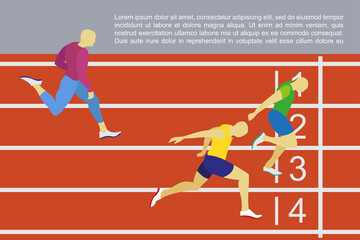 Running men profile picture. Hand drawn athletes runners in flat style art design illustrations. Sprinter sportsman runs to finish line drawing. Winner man wins the race on running track stadium