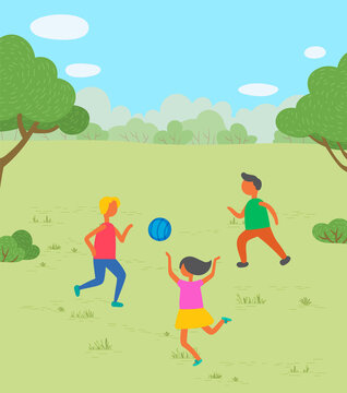 Three children playing with blue ball in park. Kids game outdoors. Little boys and girl running and jumping on lawn with green grass vector illustration