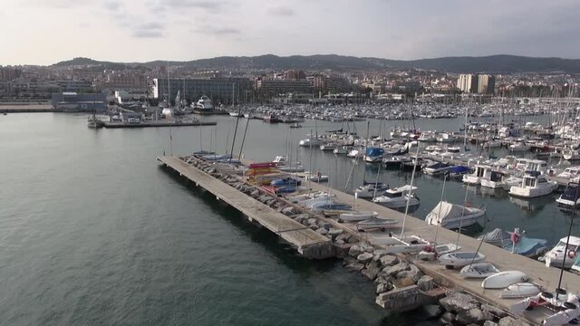 Aerial Port de Mataro drone Barcelona noon summer sea