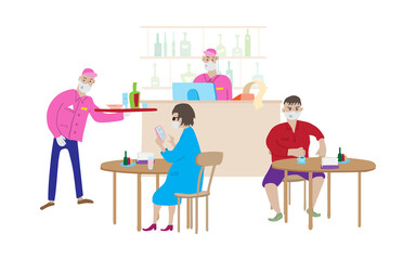 Reopening Cafe during the coronavirus pandemic. Cartoon scene in cafe, bartender, waiter and visitors in medical masks. Tables, chairs and a bar counter with drinks. Vector illustration.
