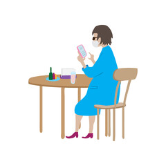 Cartoon woman in face mask sits at table in cafe. Restaurant visitor uses calculator in her phone.