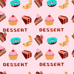 Lettering desserts donuts croissants cakes seamless pattern