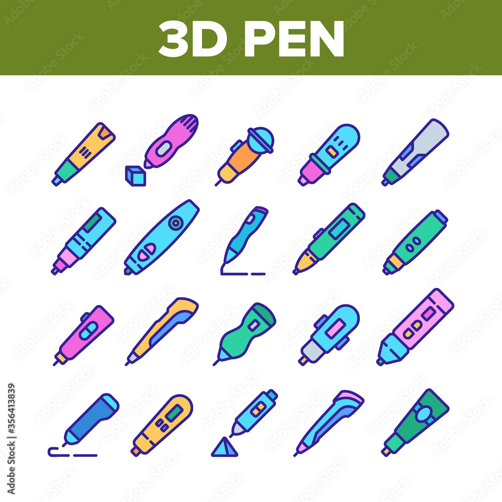 Poster 3d pen printing gadget collection icons set vector. 3d pen engineering electronic stationery device 