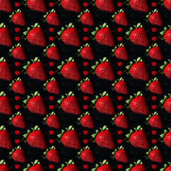 Strawberry on a black background. Ripe delicious berry. Pattern on a dark background. Red stone on...