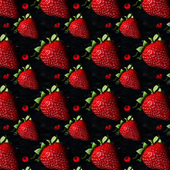 Strawberry on a black background. Ripe delicious berry. Pattern on a dark background. Red stone on...
