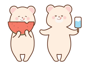 スイカを食べる白くまとアイスを食べる白くま　主線あり