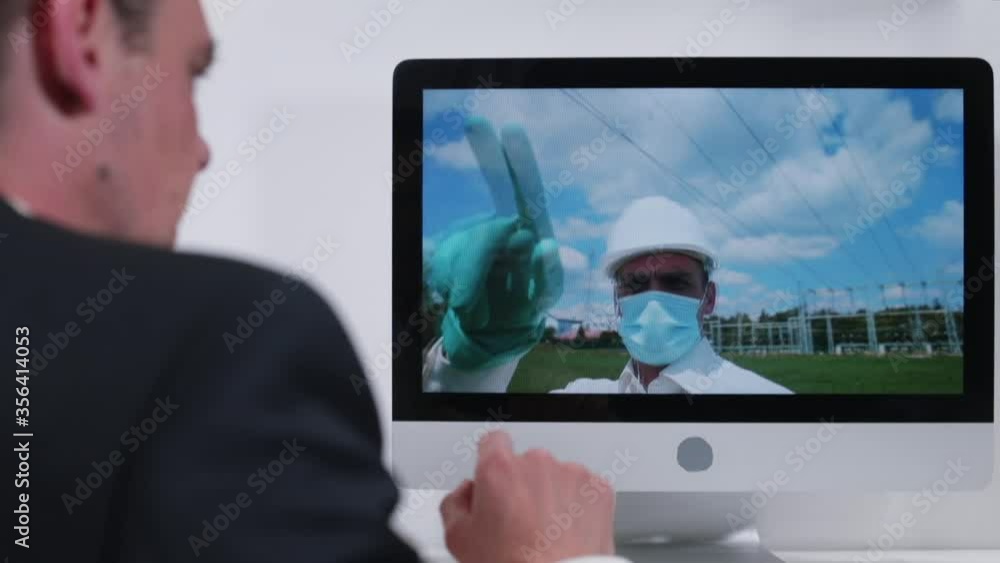 Poster online call. video communication over a long distance. manager conducts conversation with the employ