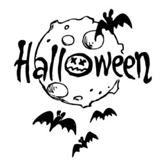 Halloween full moon with flying bats and scary evil emoticon, Halloween text, black and white cartoon