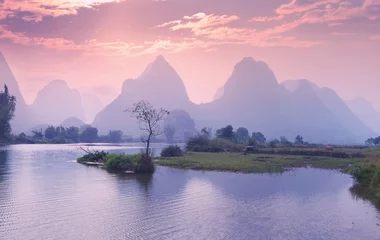 Peel and stick wall murals Light Pink landscape in Yangshuo Guilin, China