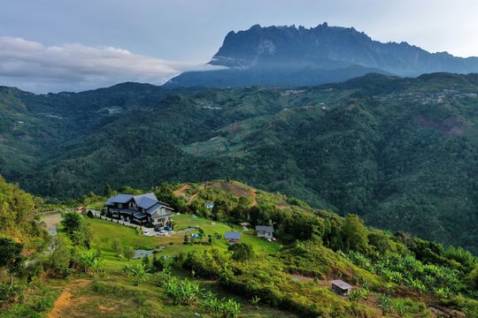 Mount Kinabalu view from Bundu Tuhan Village. Beautiful scenery in the morning with clear blue sky.