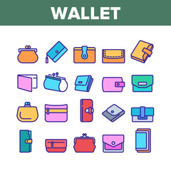 Wallet Accessory Cash Collection Icons Set Vector. Wallet In Different Style For Storaging Money And Coin, Credit Card And Document Color Illustrations