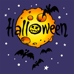 Halloween full moon with flying bats and night sky with stars and scary evil emoticon, Halloween text, colorful cartoon