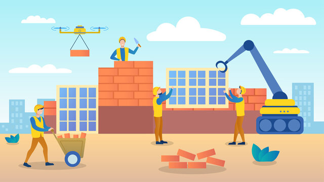 Professional builders in uniform building the house, attract new technologies for construction. Drone, unmanned aerial vehicle. Work process for construction. Vector illustration of flat cartoon