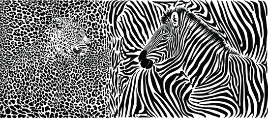 Zebra and leopard skin pattern with heads