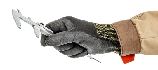 Man hand in black protective glove and brown uniform with vernier caliper isolated on white...