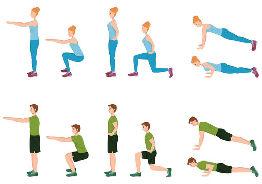 Man and woman doing sport exercises. Male and female characters in cartoon style.