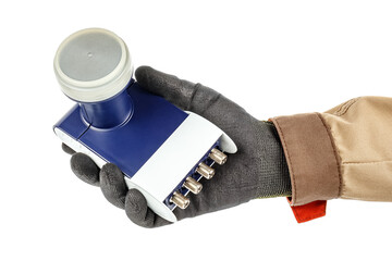 Satellite dish LNB in man hand in black protective glove and brown uniform isolated on white background