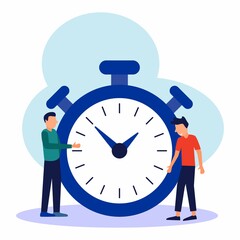 Vector illustration, stopwatch 2 young men with white background, express service, time management concept, fast reaction.