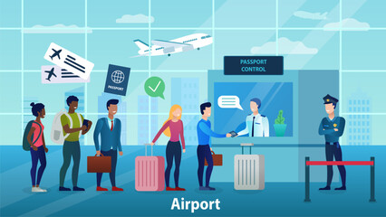 People of different races and nationalities are waiting in line for the passport control before departure. The officer checks the passport. Airport interior. Vacation time. Flat Vector Illustration