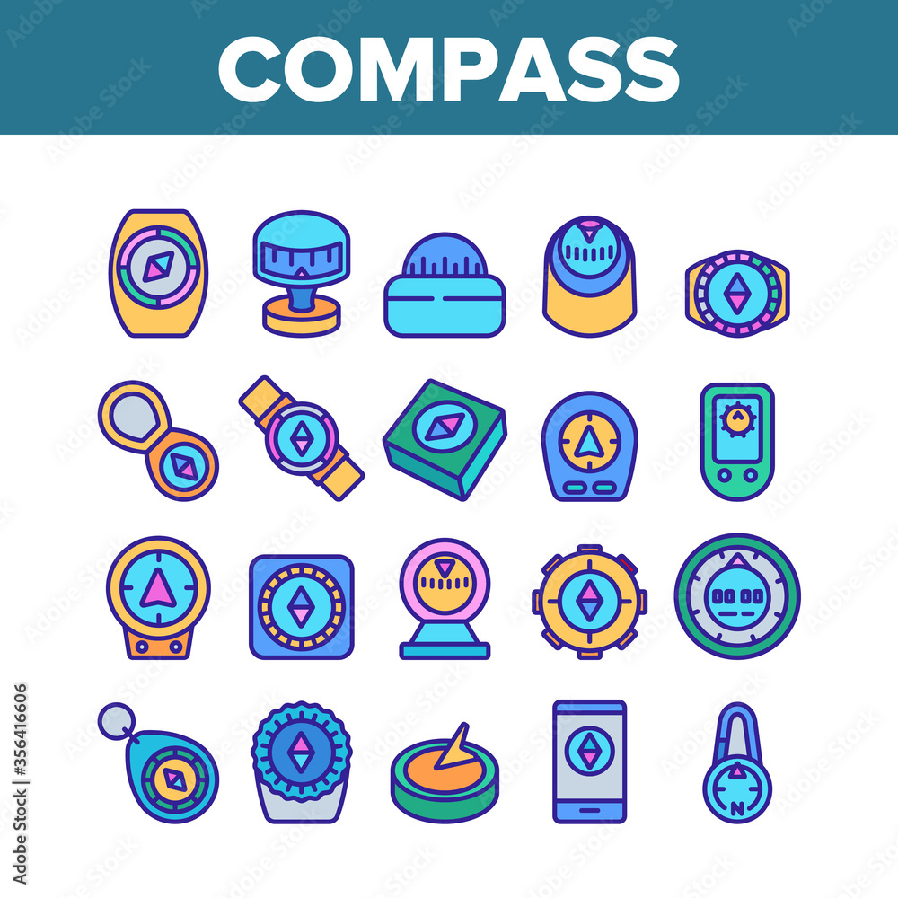 Poster compass navigational equipment icons set vector. compass tool application for orienting location and