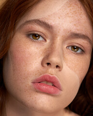 Beautiful young girl unusual Makeup Face Skin Care. Lifting Procedure. Cosmetology Salon. Cosmetology Face Massage. Spa Closeup. Fashion Art Freckles 