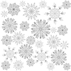 Snowflakes isolated on white background. Doodle line snow icons, hand drawn silhouette. Design element for christmas banner, cards. Xmas ornament.