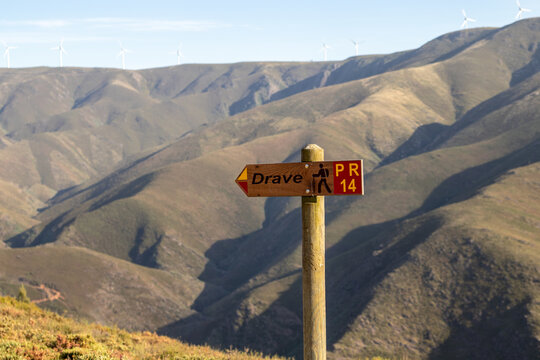 Pedestrian trail sign, with the mountains in the background, magic village of drave, in Arouca, Portugal