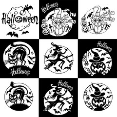 Halloween set of scary icons with witch, black cat, pumpkin lantern, owl, graveyard and full moon with bats, black and white cartoon