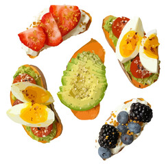 Set of fruits, eggs, avocado, berry, tomatos, bread, toasts. Vector food illustration, isolated.