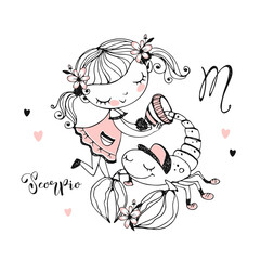 Children's zodiac. The zodiac sign is Scorpio. A cute girl puts on a Scorpion hat. Vector. Monochrome