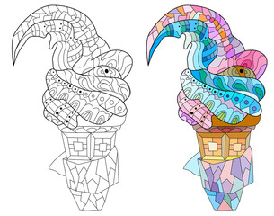 Hand drawn colorful zentangle ice cream illustration