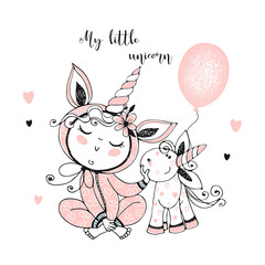 Baby in pajamas with his unicorn toy. It's time to sleep. Vector