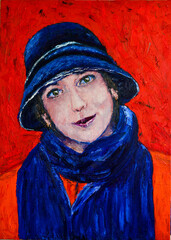 Oil painting on canvas. Beautiful girl in blue hat on red