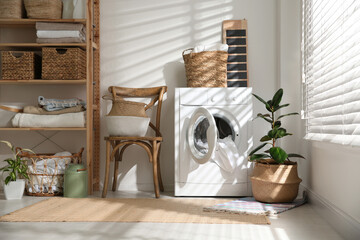 Modern washing machine and plants in laundry room interior