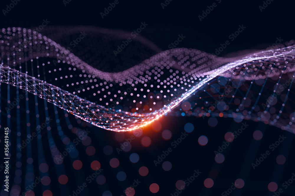 Poster Moving neon blue and orange wireframe pattern forming a digital network connection on dark background