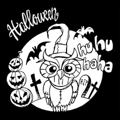 Scary owl with witch hat and crazy smile in the graveyard with pumpkins and bats, Halloween theme, black and white cartoon