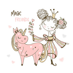 Cute little Princess and pink unicorn. Vector.