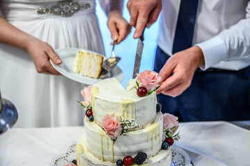 Obraz na płótnie Canvas Groom and bride marriage Cutting the delicious fruity Wedding Cake together colorful fruits
