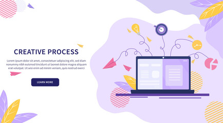 Concept of creative process. Landing Page for Creative. Successful launch of startup. Flat Vector Illustration
