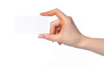 Obraz premium Beautiful female hand holding white business card on white background