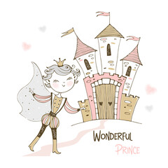 Cute Prince and a fairy-tale castle. Vector