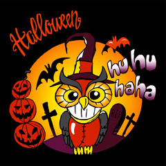 Scary owl with witch hat and crazy smile in the graveyard with pumpkins and bats, Halloween theme, color cartoon